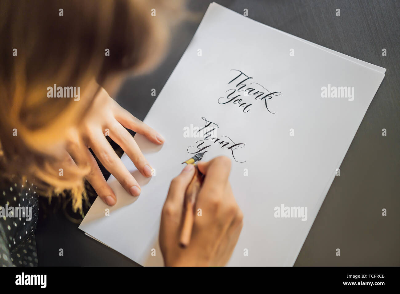 Thank You Calligrapher Young Woman Writes Phrase On White Paper