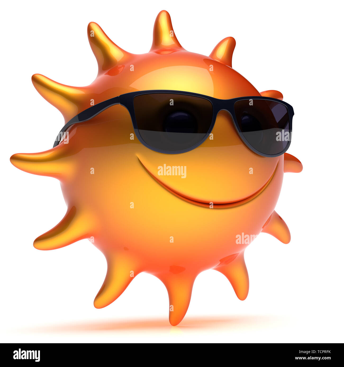 Smiley sun star sunglasses cheerful face summer smile cartoon ball emoticon  happy sunny heat orange yellow person icon. Smiling laughing character hol  Stock Photo - Alamy