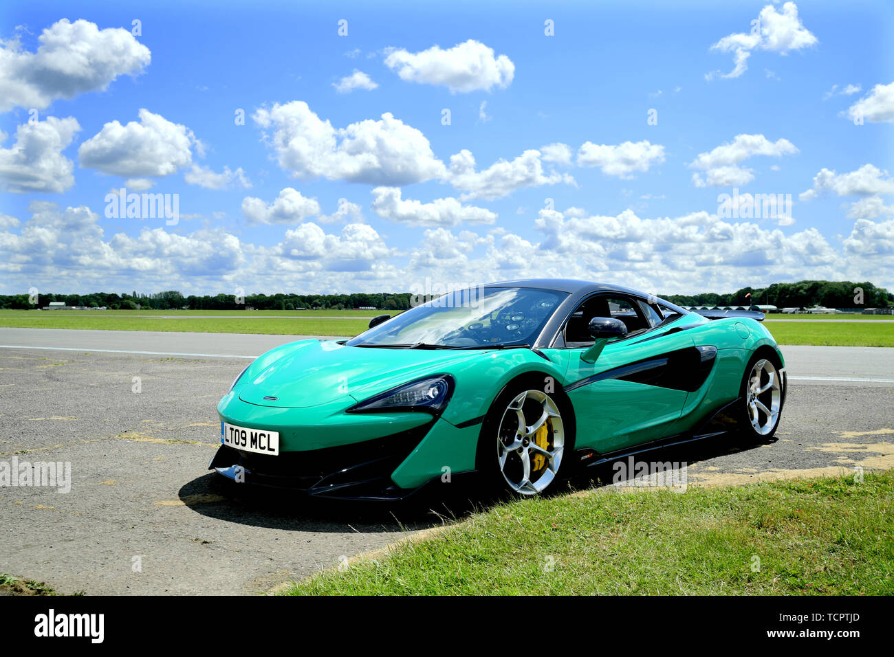 A McLaren 600LT on the Top Gear test track in Dunsfold Park, Cranleigh, during the media launch for the new series of Top Gear which airs later this month. Stock Photo