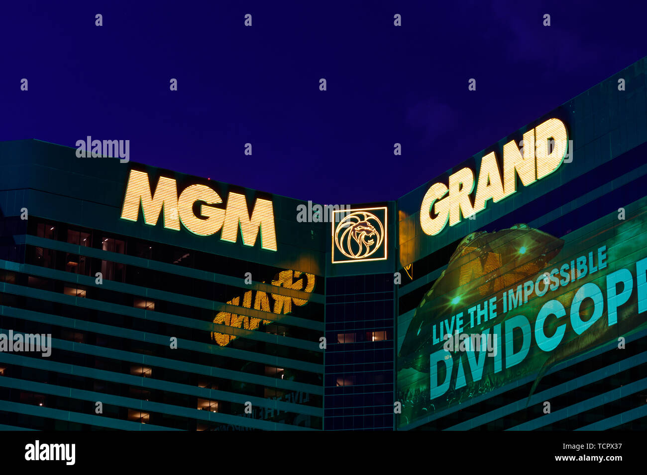 Signage of the MGM Grand Hotel. This Property is a Subsidiary of MGM Resorts International. Stock Photo