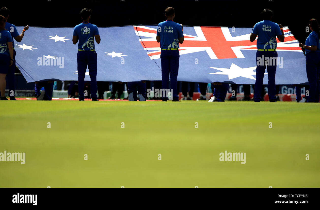 Australia flag is displayed during the ICC Cricket World Cup group stage match at The Oval, London. Stock Photo