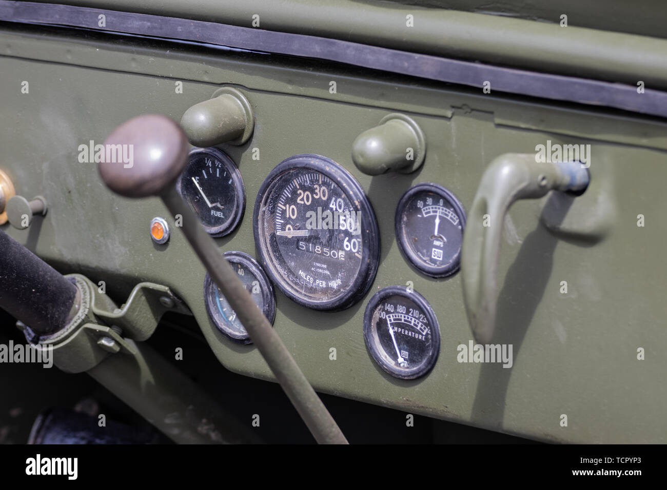 A close up of the inside of an American world war two jeep Stock Photo