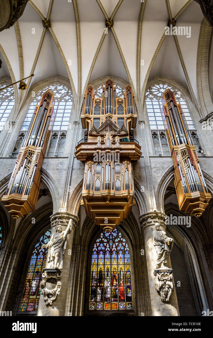 Low angle view of the great organ in the nave of the Cathedral of St. Michael and St. Gudula in Brussels, Belgium. Stock Photo