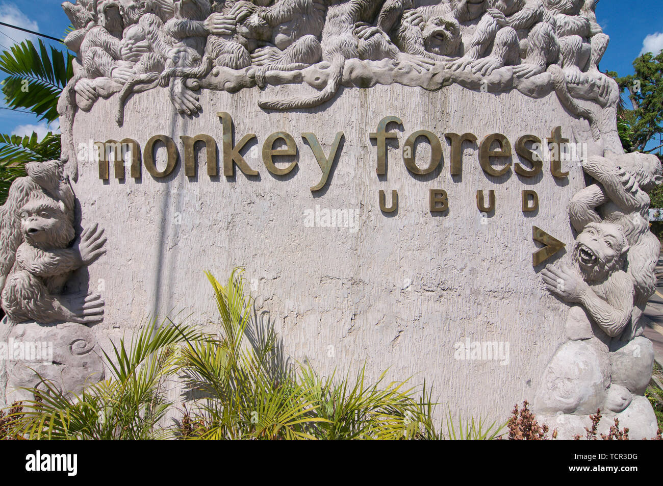 Ubud, Bali, Indonesia - 17th May 2019 : Close up picture of the Ubud Monkey Forest text read on the Monkey Forest Monument located in Ubud, Bali - Ind Stock Photo