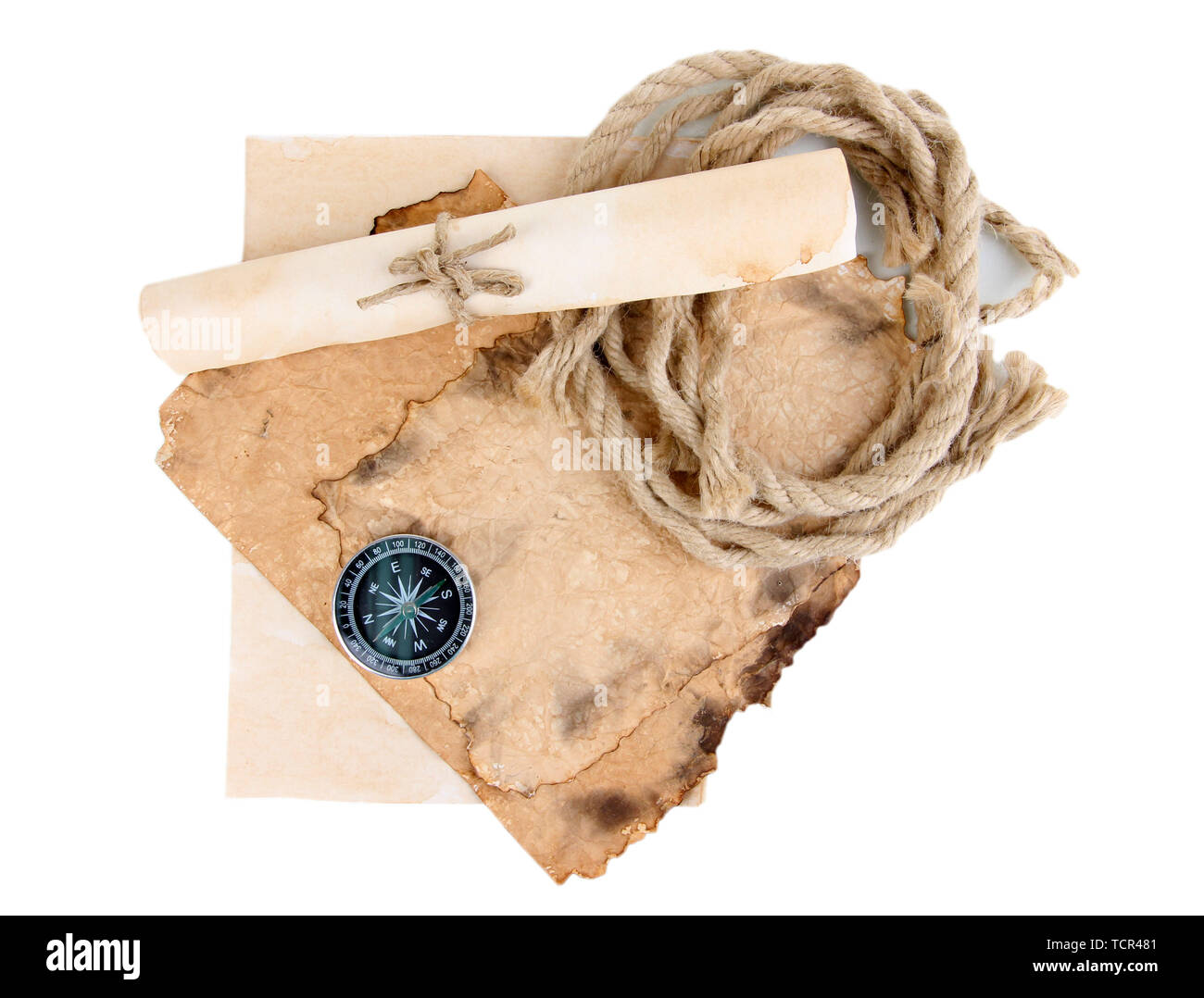 Old paper, compass, scroll and rope isolated on white Stock Photo - Alamy