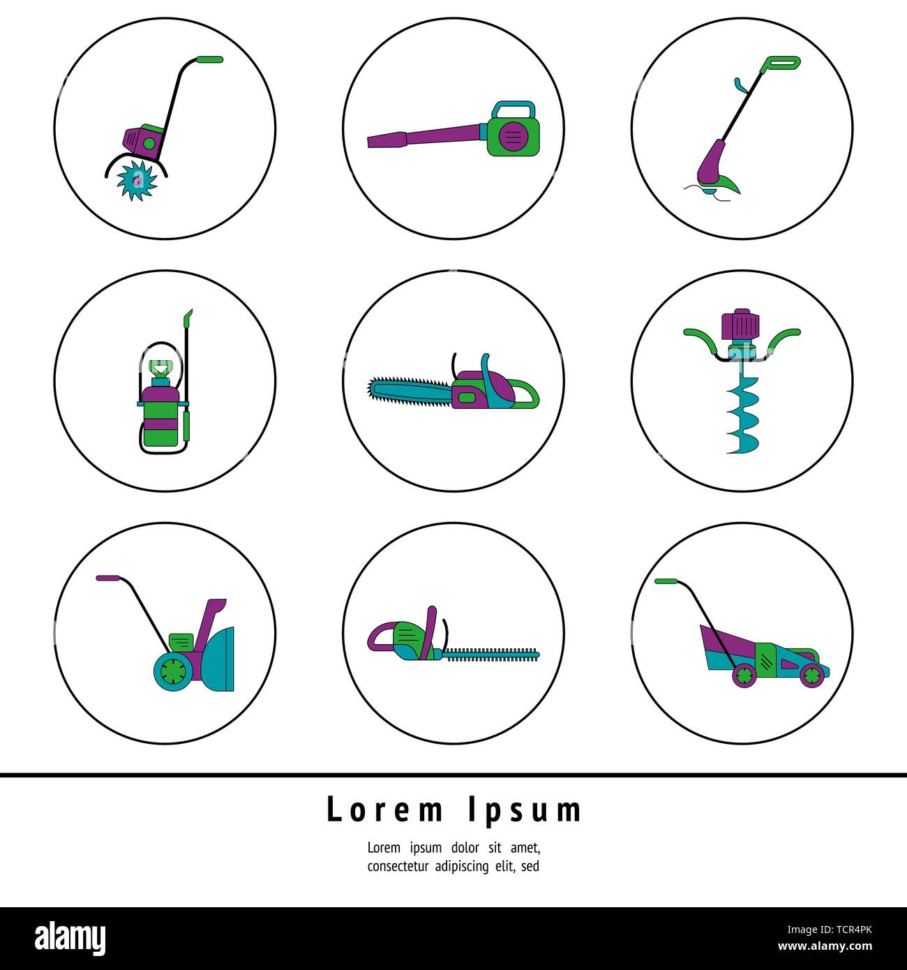 Icons of gardening power tools for flyer or leaflet. Technique for garden and lawn care Stock Vector