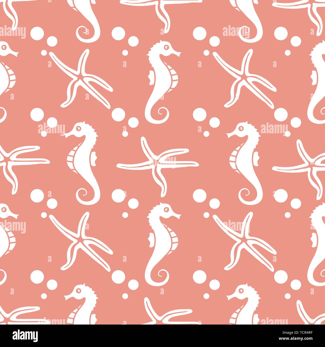 Vector seamless pattern with sea horses, starfish and bubbles. Marine ...
