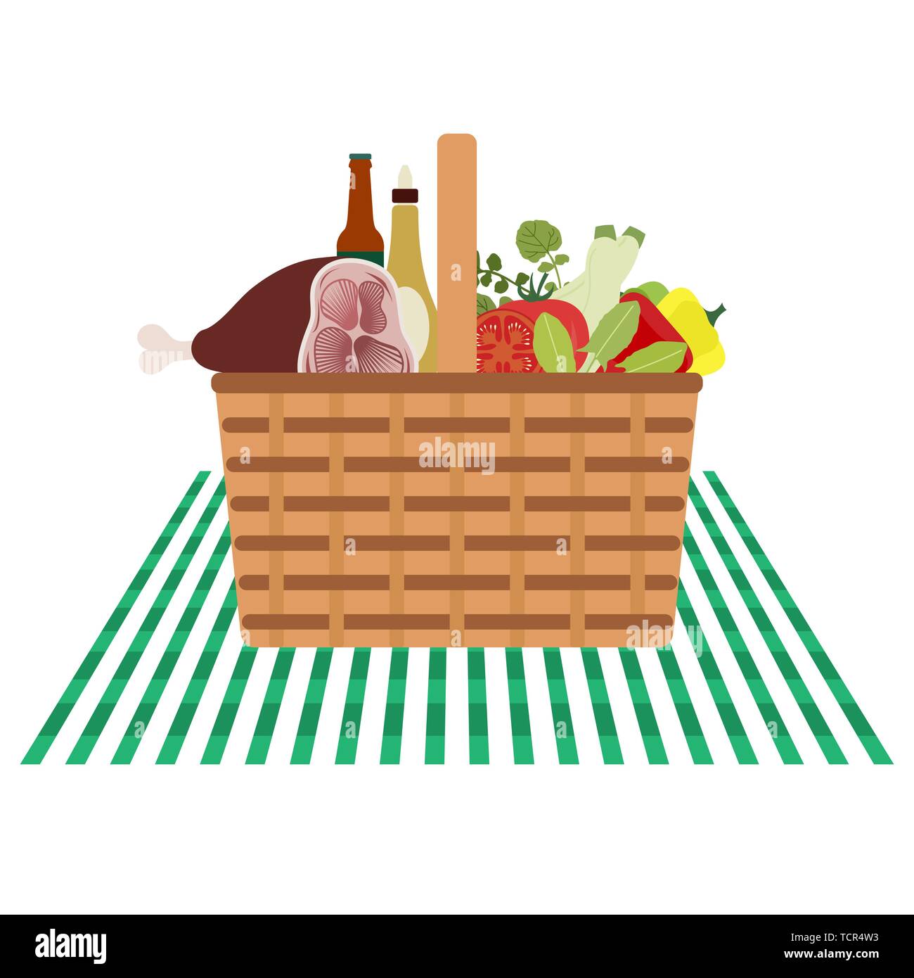 Vector illustration with wicker picnic basket with food and drink ...