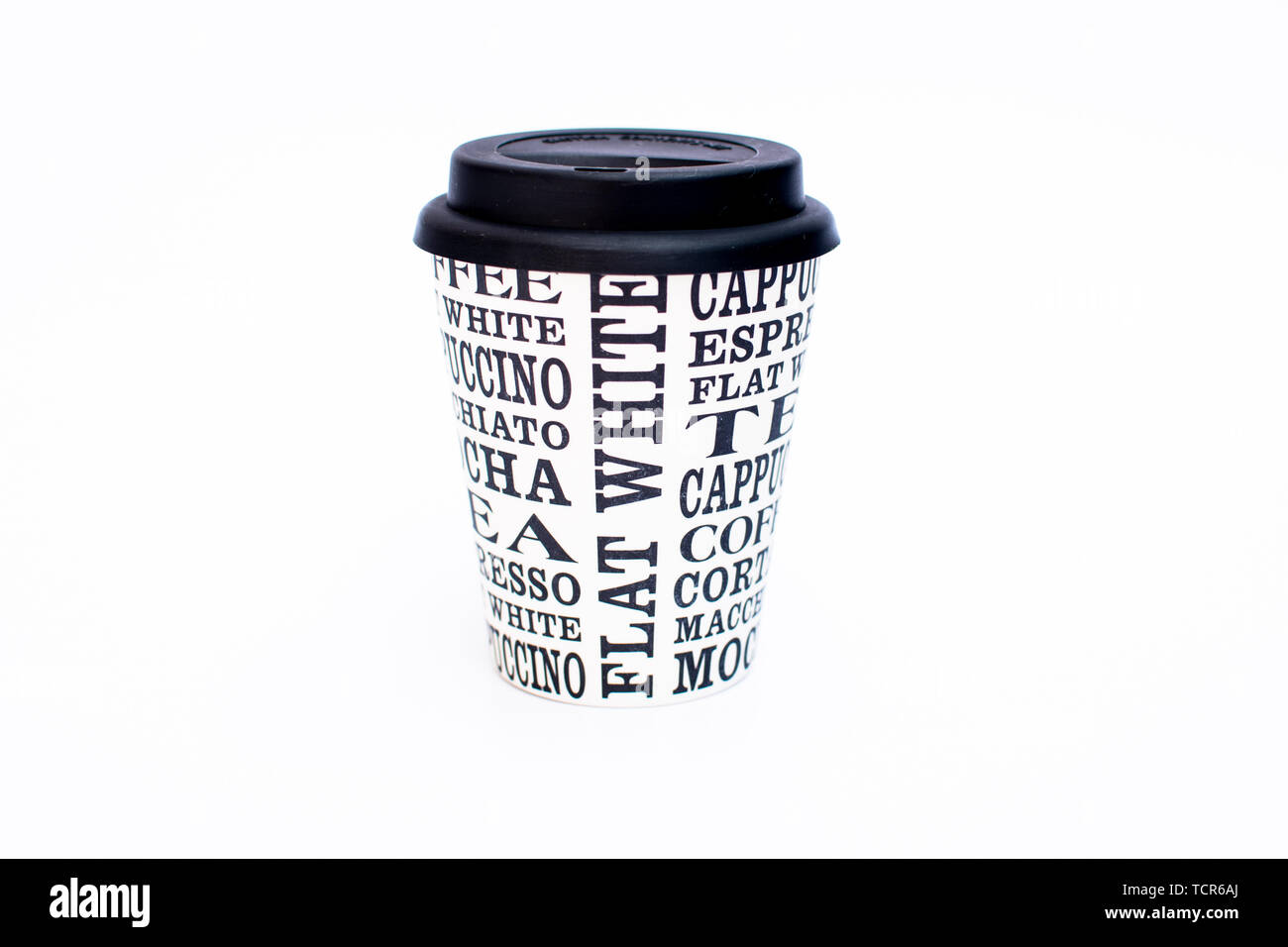 Reusable coffee take away cup made from bamboo pulp with varieties of coffee printed Stock Photo