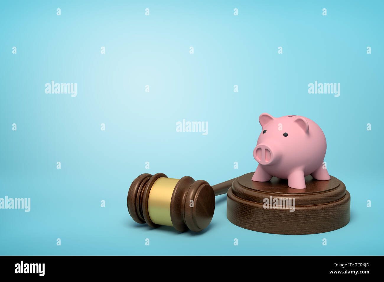 3d rendering of pink piggy bank standing on sounding block with gavel lying beside on light-blue background with copy space. Stock Photo