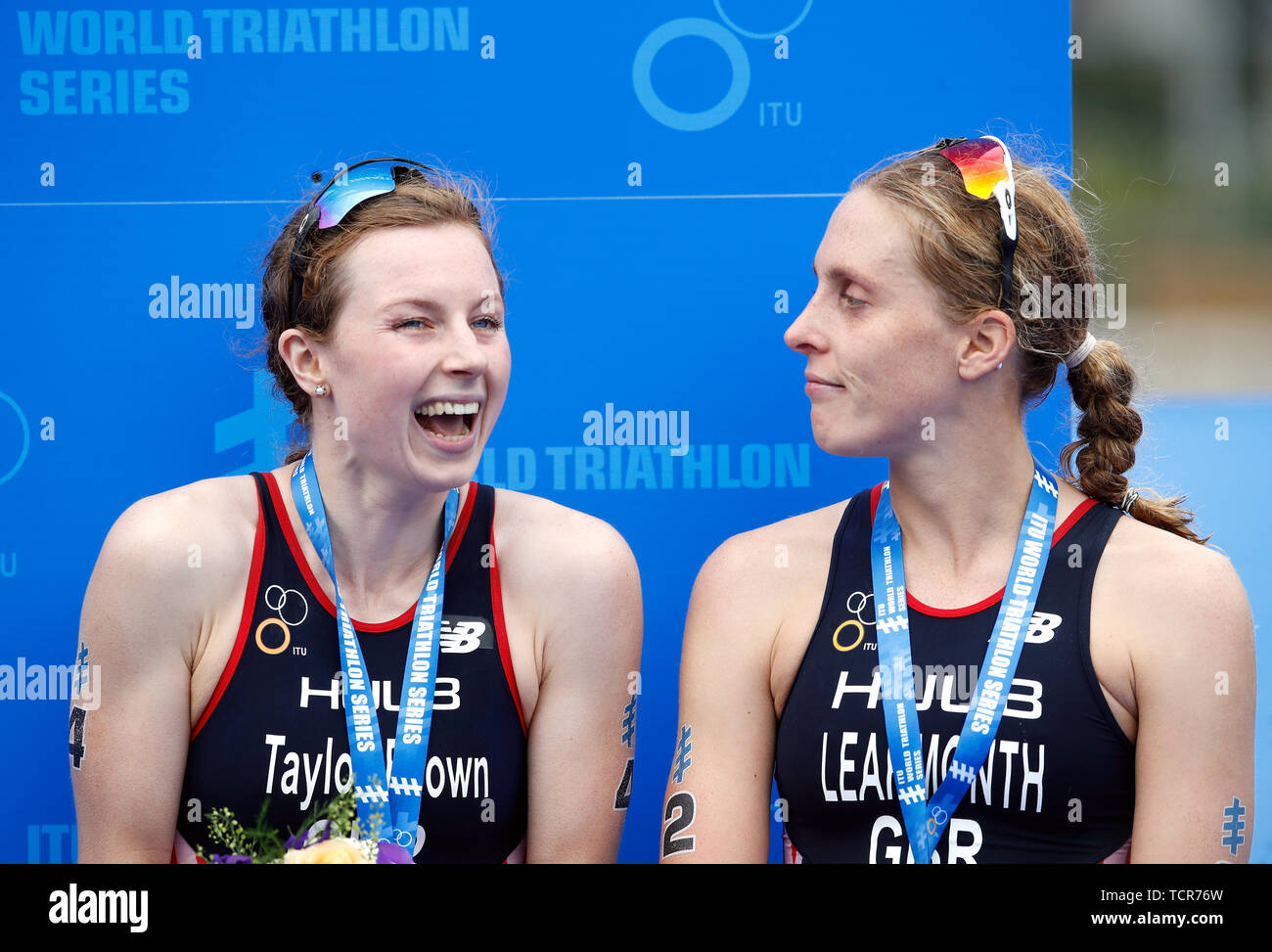 Winner Georgia Taylor-Brown (left) with Jessica Learmonth in third after the Elite Women's race during the 2019 ITU World Triathlon Series Event in Leeds. Stock Photo