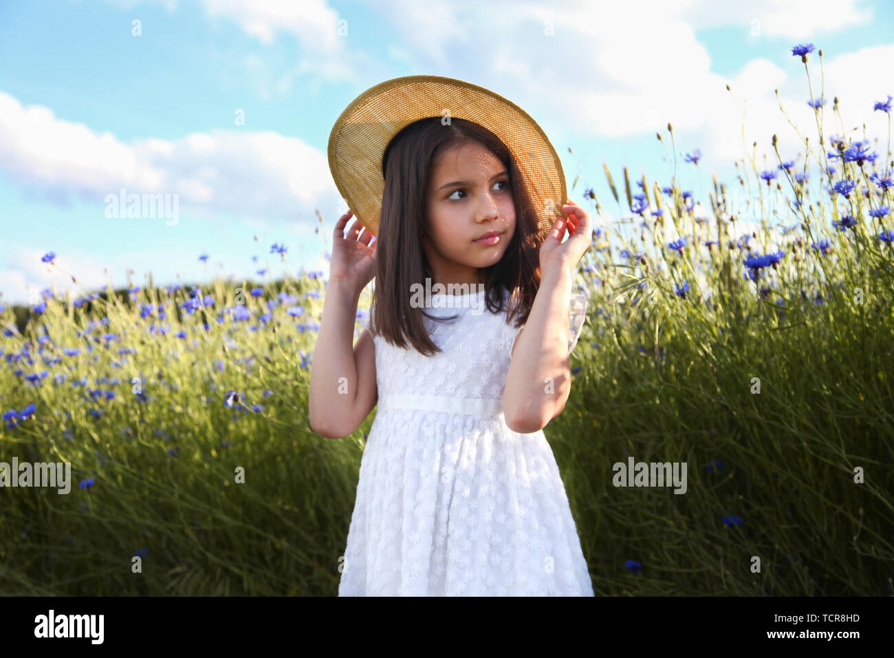 Happy girl in white dress and straw hat on the field of beautiful blue ...