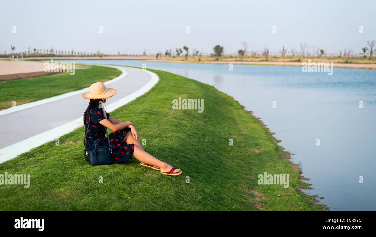 Happy tourist enjoying Love lakes view in Dubai Stock Photo
