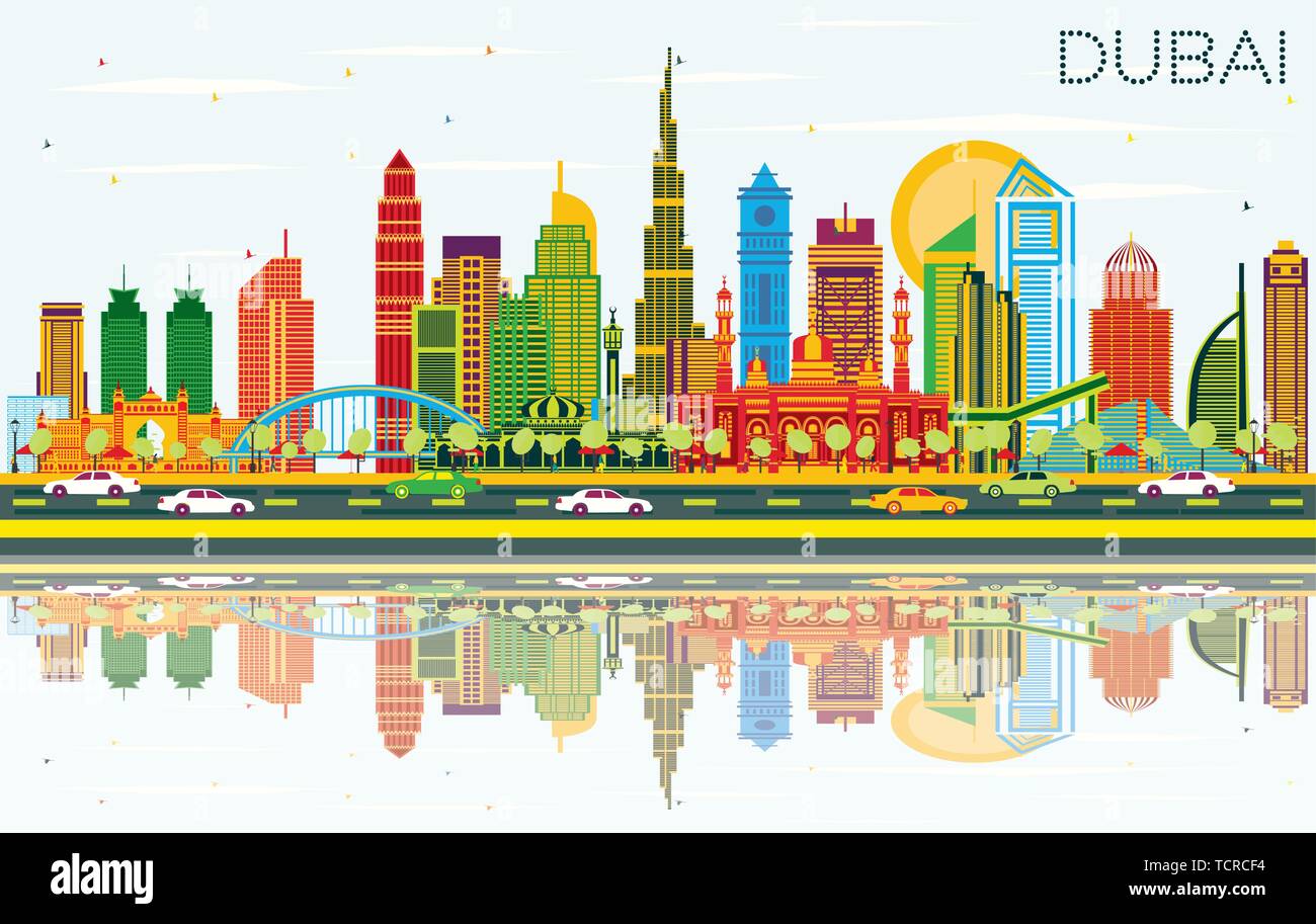 Dubai UAE City Skyline with Color Buildings, Blue Sky and Reflections. Vector Illustration. Business Travel and Tourism Concept. Stock Vector