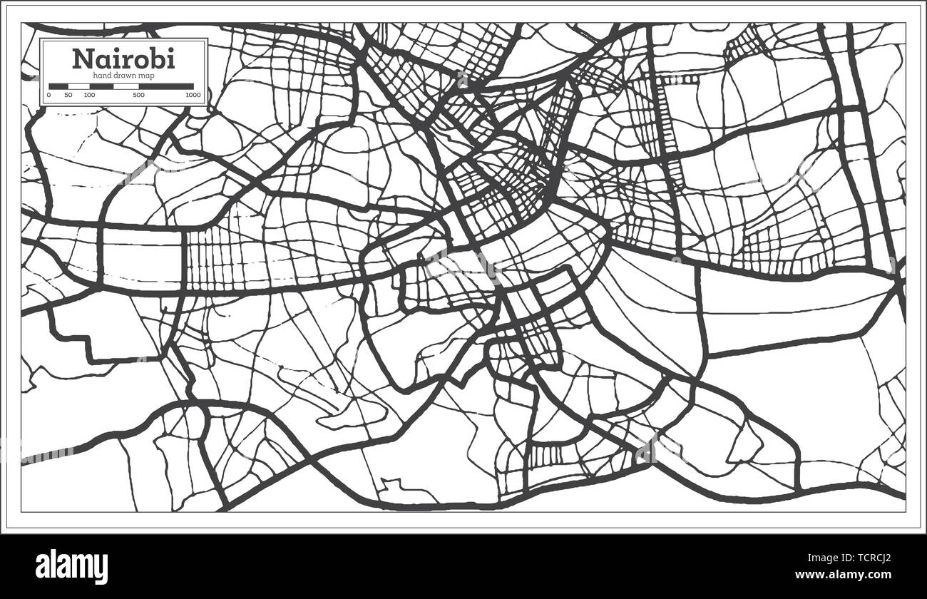 Nairobi Kenya City Map iin Black and White Color. Outline Map. Vector