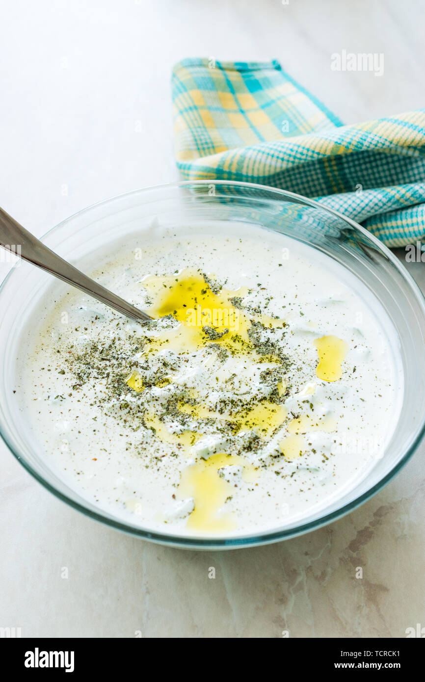 Tzatziki Yogurt with Cucumber, Olive Oil and Thyme Powder / Cacik. Organic Food. Stock Photo