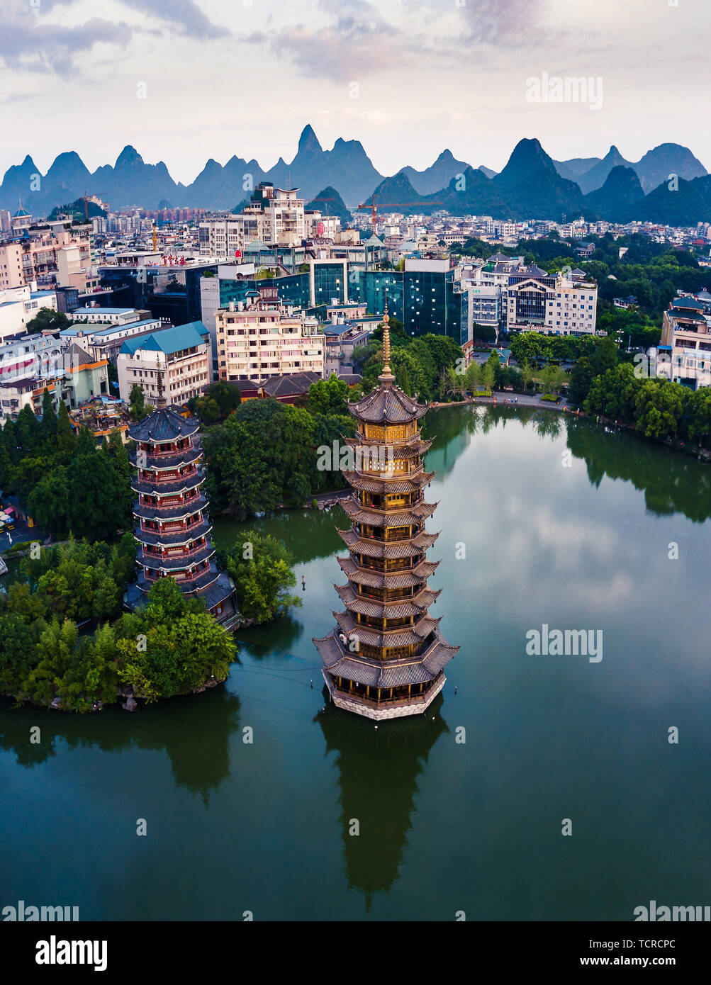 Guilin Park Twin Pagodas in Guangxi province of China Aerial View Stock Photo