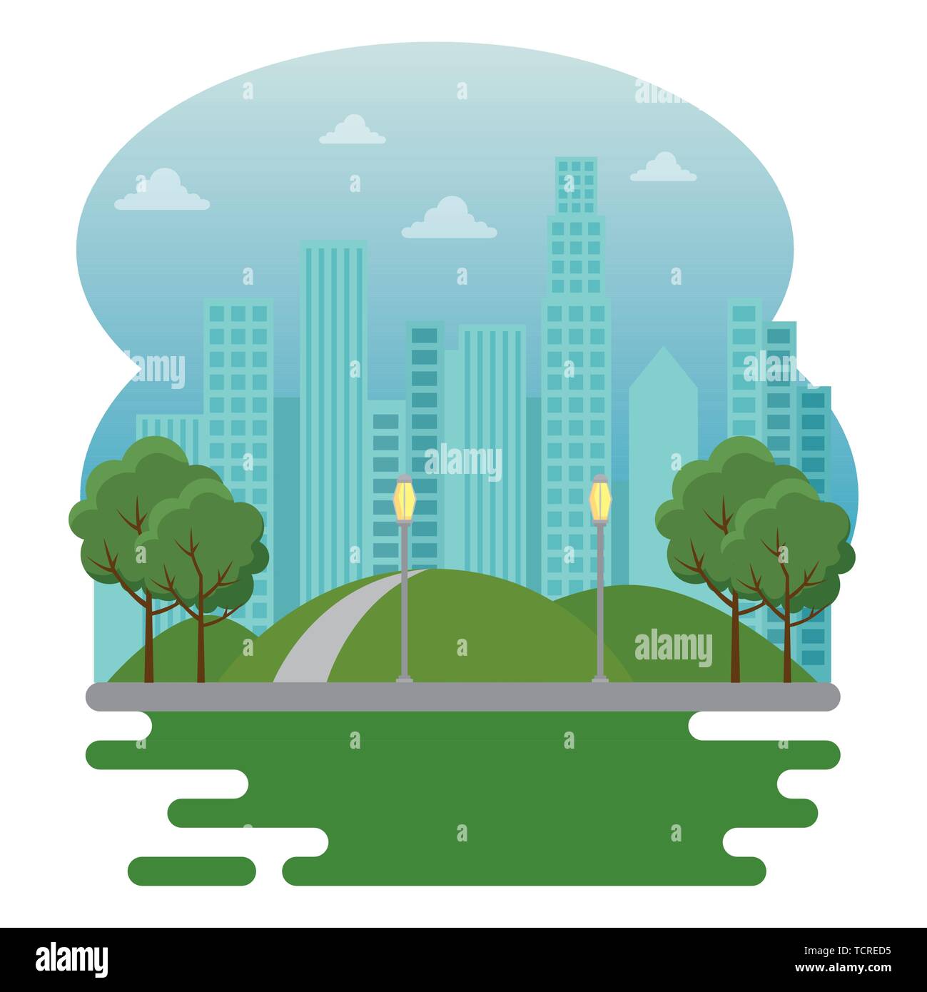 park with trees and mountains with building cityscape Stock Vector ...