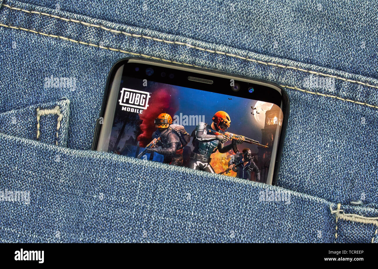 MONTREAL, CANADA - December 23, 2018: PUBG mobile android on Samsung s8 screen. PlayerUnknown's Battleground Mobile is the mobile version of the popul Stock Photo