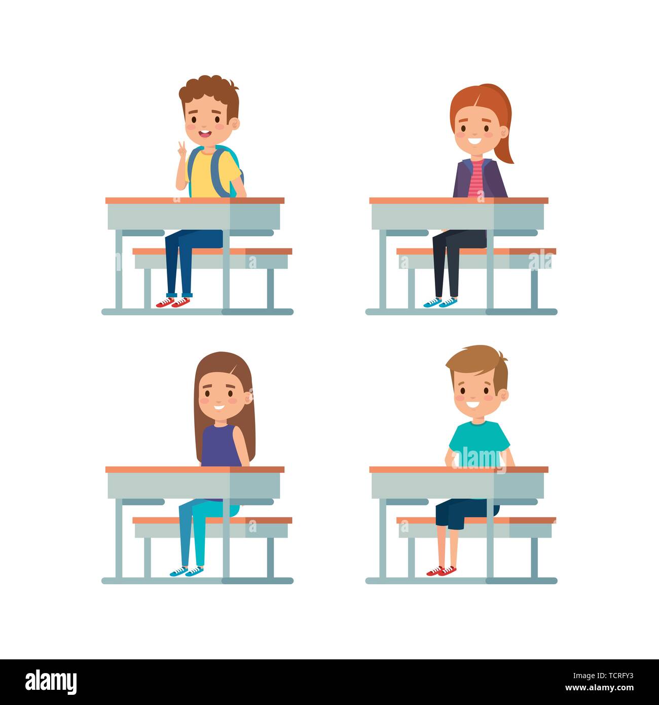 Set Of Boys And Girls Kids In The Desk Stock Vector Art