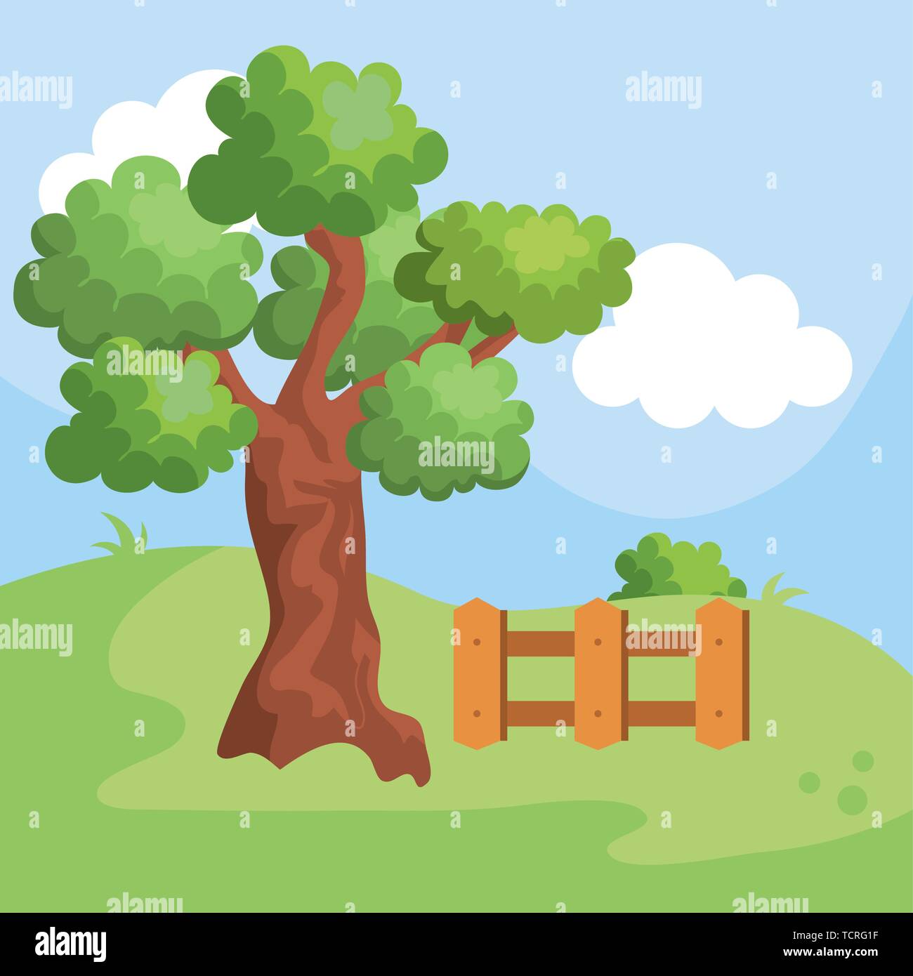 nature tree with bushes and wood grillage Stock Vector