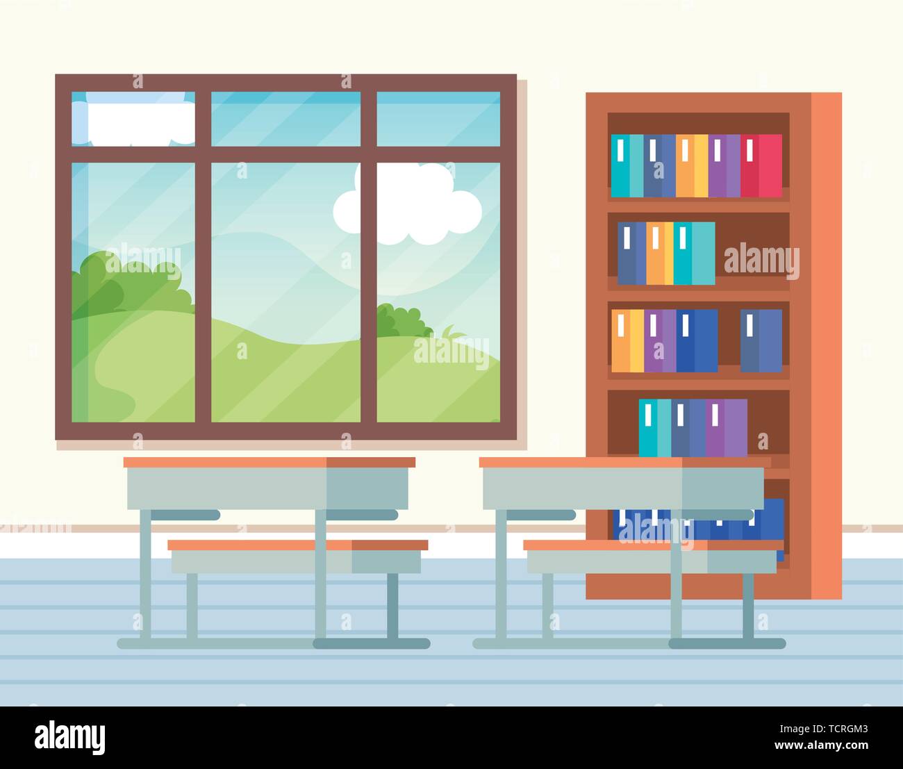 classroom with books inside bookcase and window with desks Stock Vector
