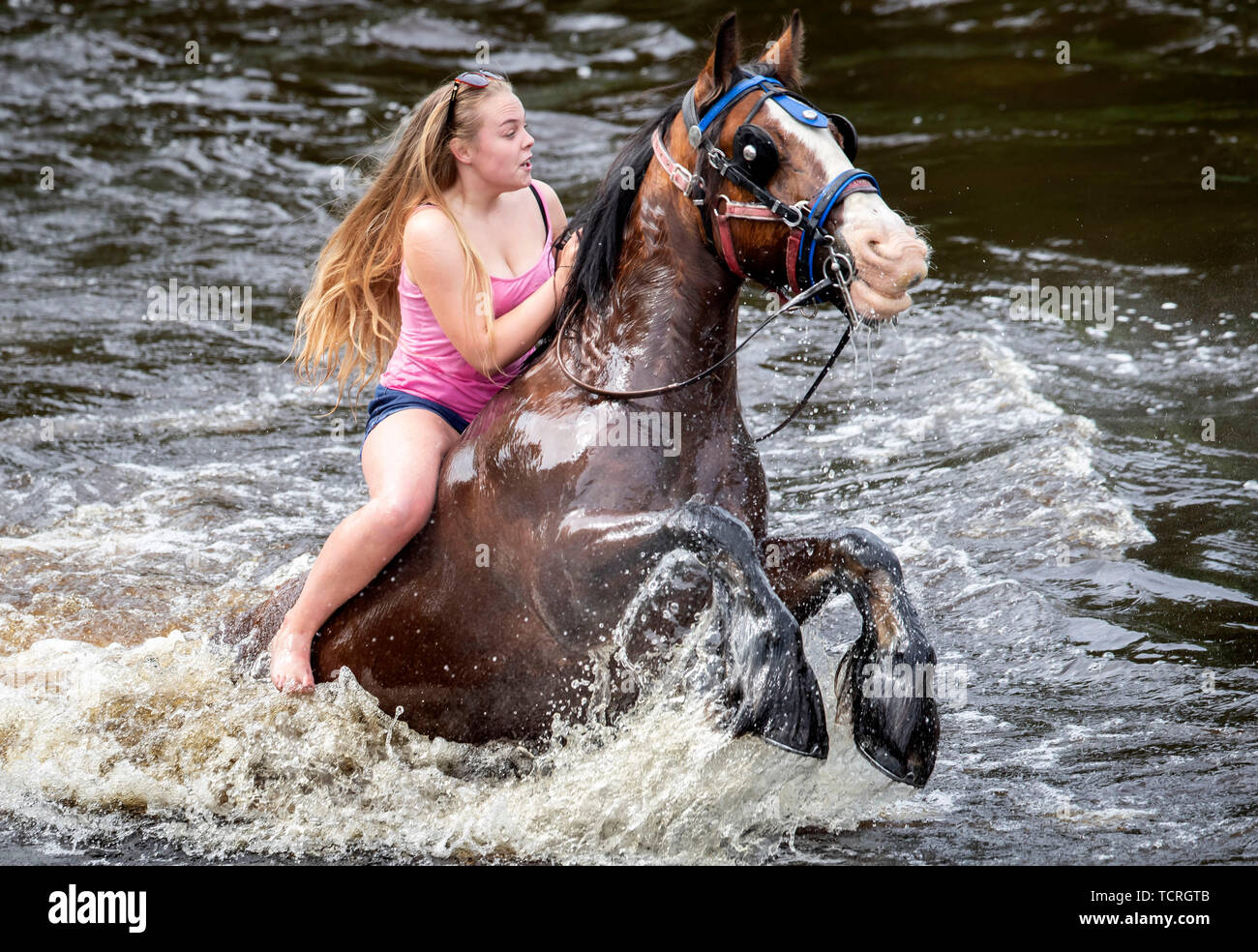 A woman riding a horse in the the Appleby Horse Fair, an annual gathering of travellers, in Cumbria. Stock Photo