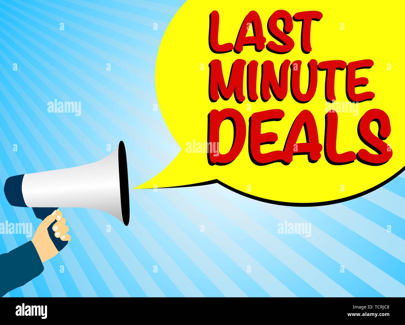https://c8.alamy.com/comp/TCRJC8/hand-holding-megaphone-or-bullhorn-against-blue-background-with-speech-bubble-and-text-last-minute-deals-vector-illustration-TCRJC8.jpg
