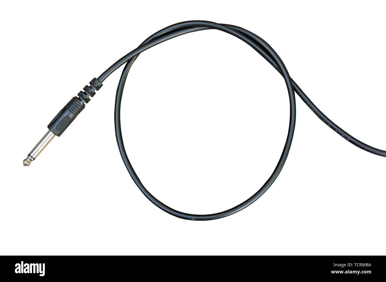 Guitar audio jack with black cable isolated on white background with