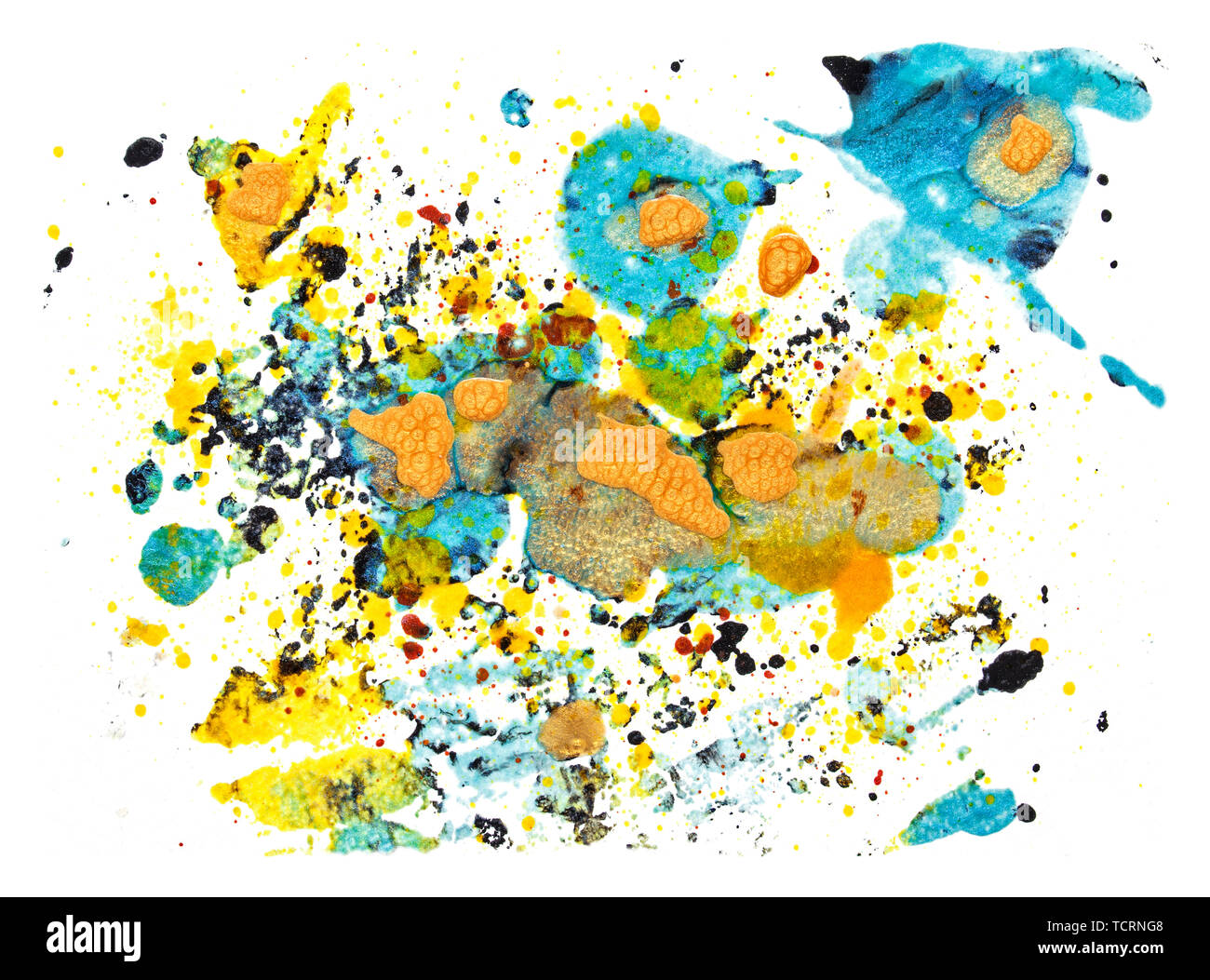 Splatter flow paint isolated on white background made whith gold