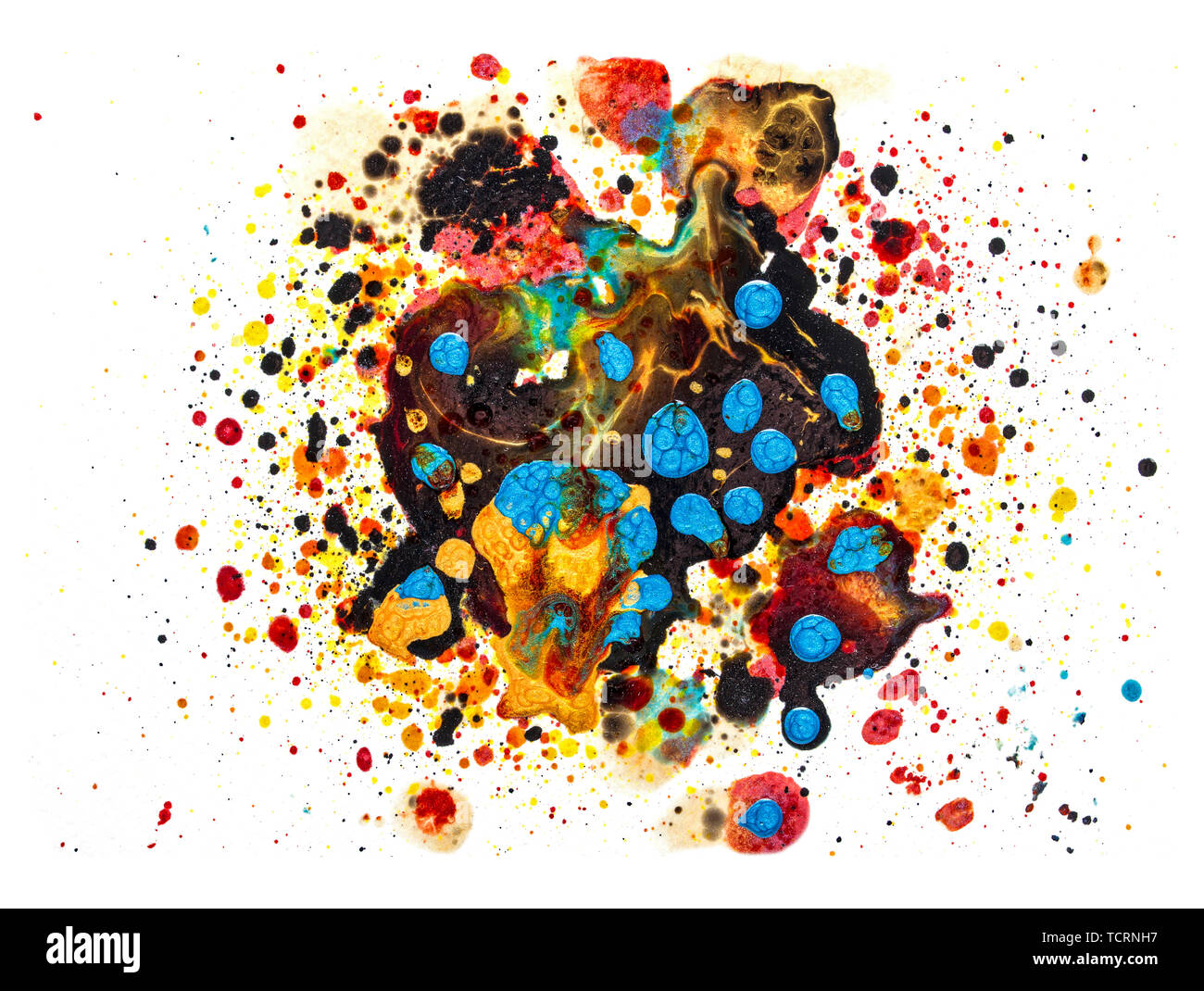Splatter flow paint isolated on white background made with black, gold