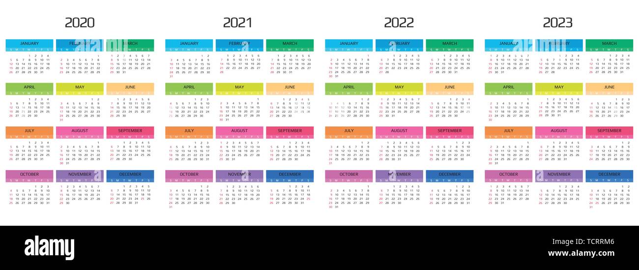 Calendar 2020 2021 2022 2023 Template 12 Months Include Holiday Event Week Starts Sunday Stock Vector Image Art Alamy