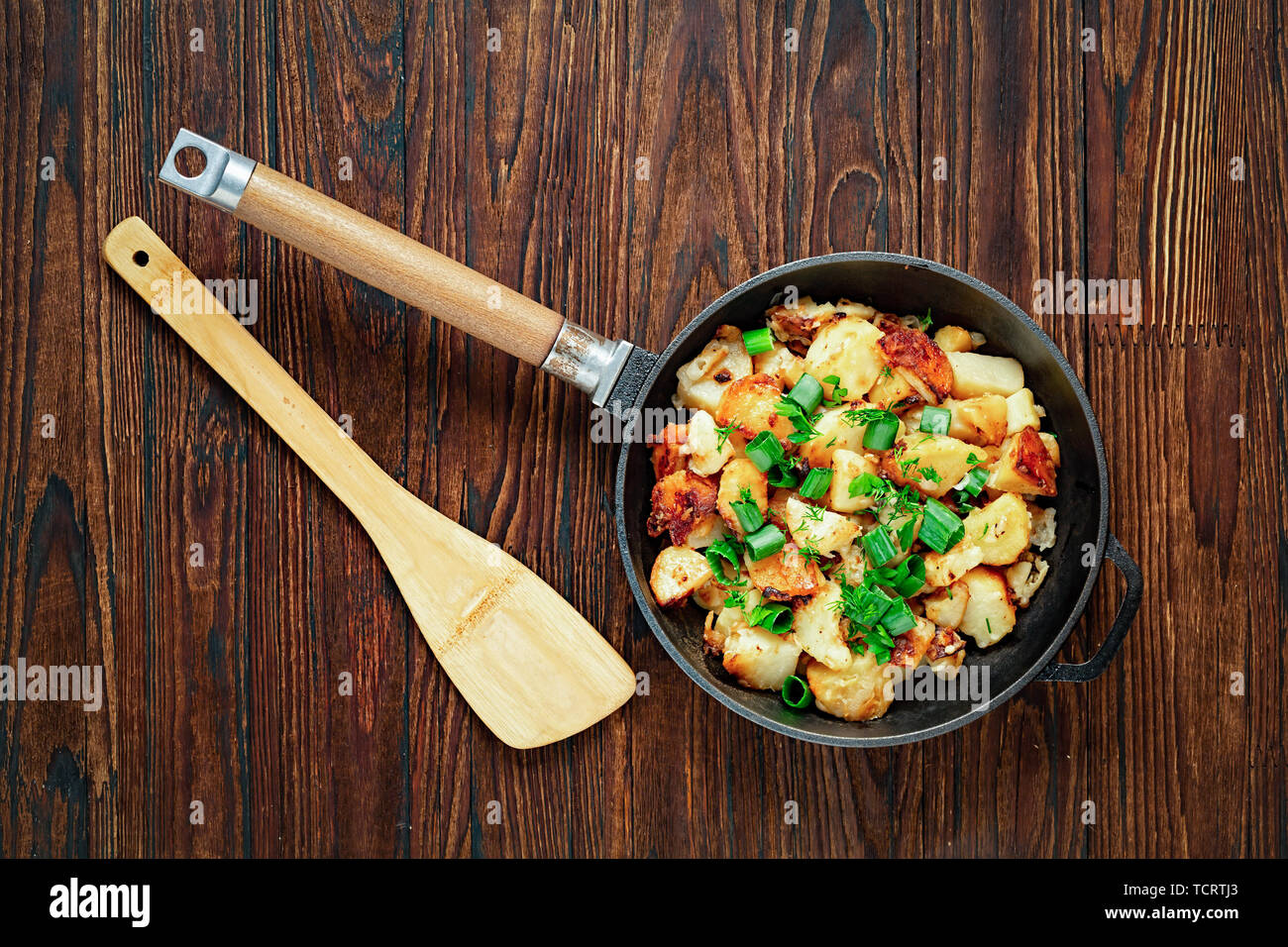 Fried potatoes, homemade, oven, bacon, cubed, crispy, sliced, pan