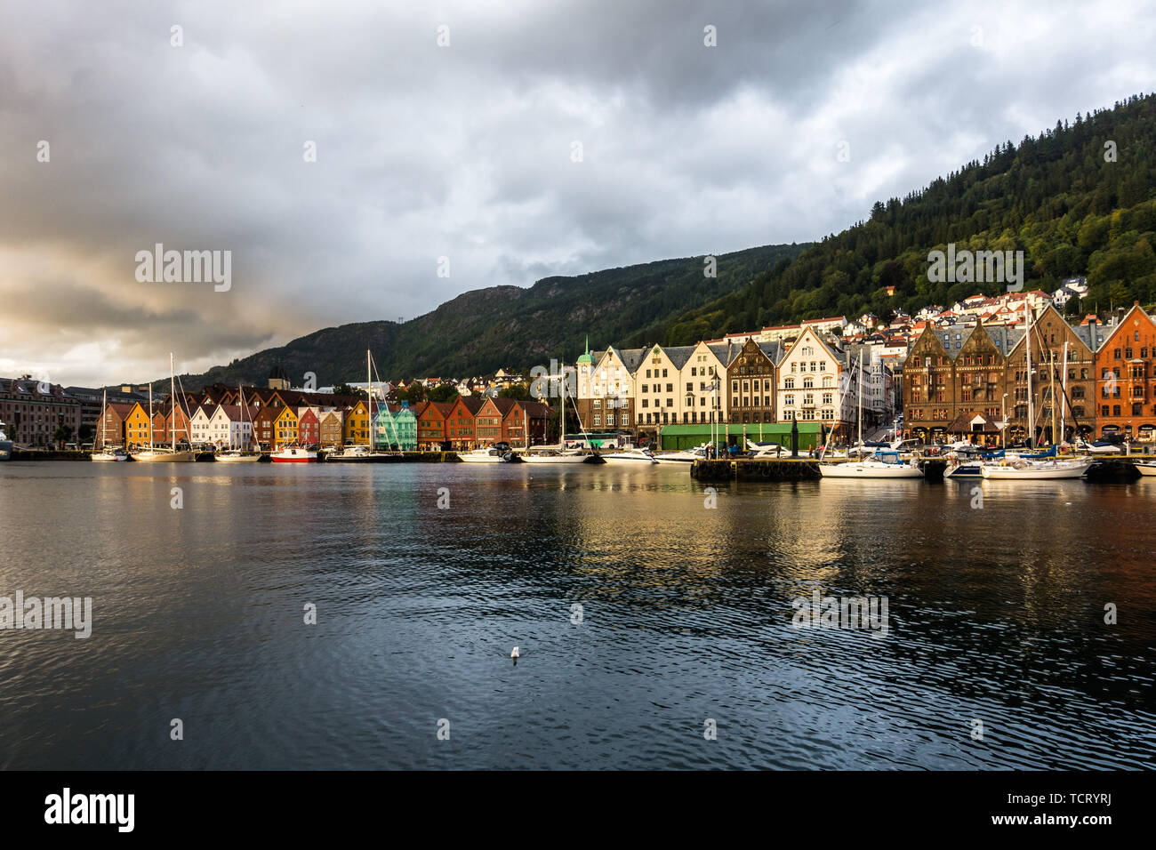 Bergen waterfront and harbour at sunset, with the iconic Bryggen colorful houses, UNESCO World Heritage Site. Bergen, Norway, August 2018 Stock Photo