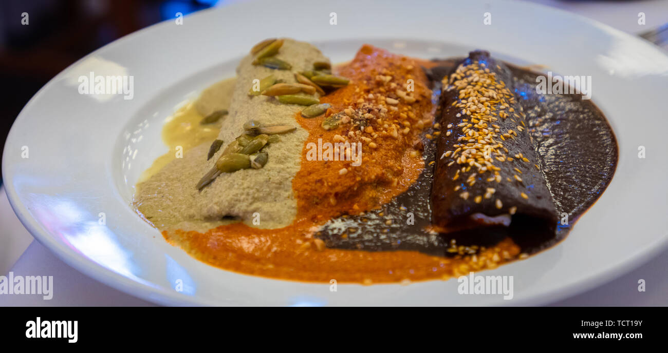 Mole is a traditional sauce originally used in Mexican cuisine, as well as for dishes based on these sauces. Stock Photo