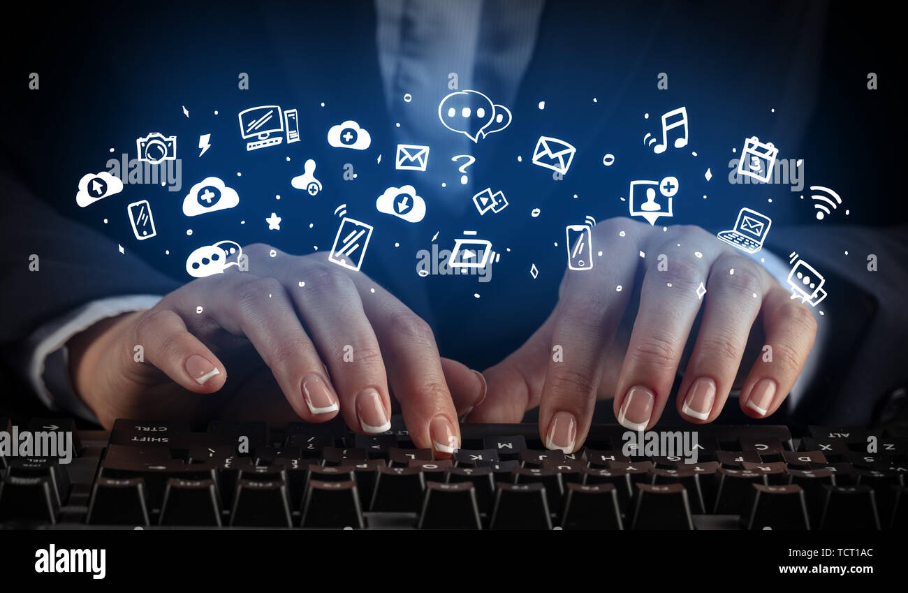 Blogger woman typing on keyboard with drawn application icons around ...