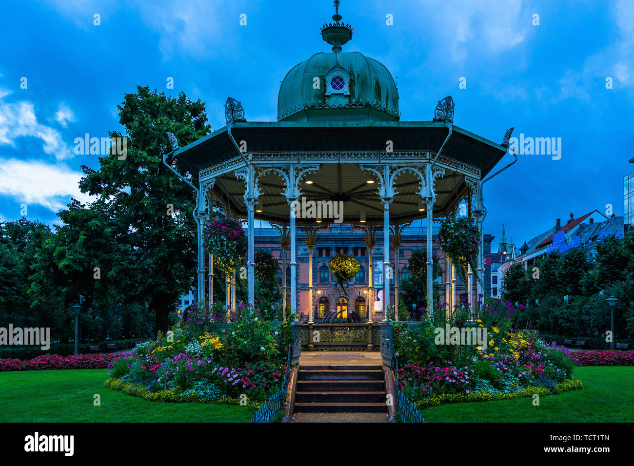 Night view of the iconic Music Pavilion one of the most popular tourist attraction in Bergen, located in Byparken, Norway Stock Photo