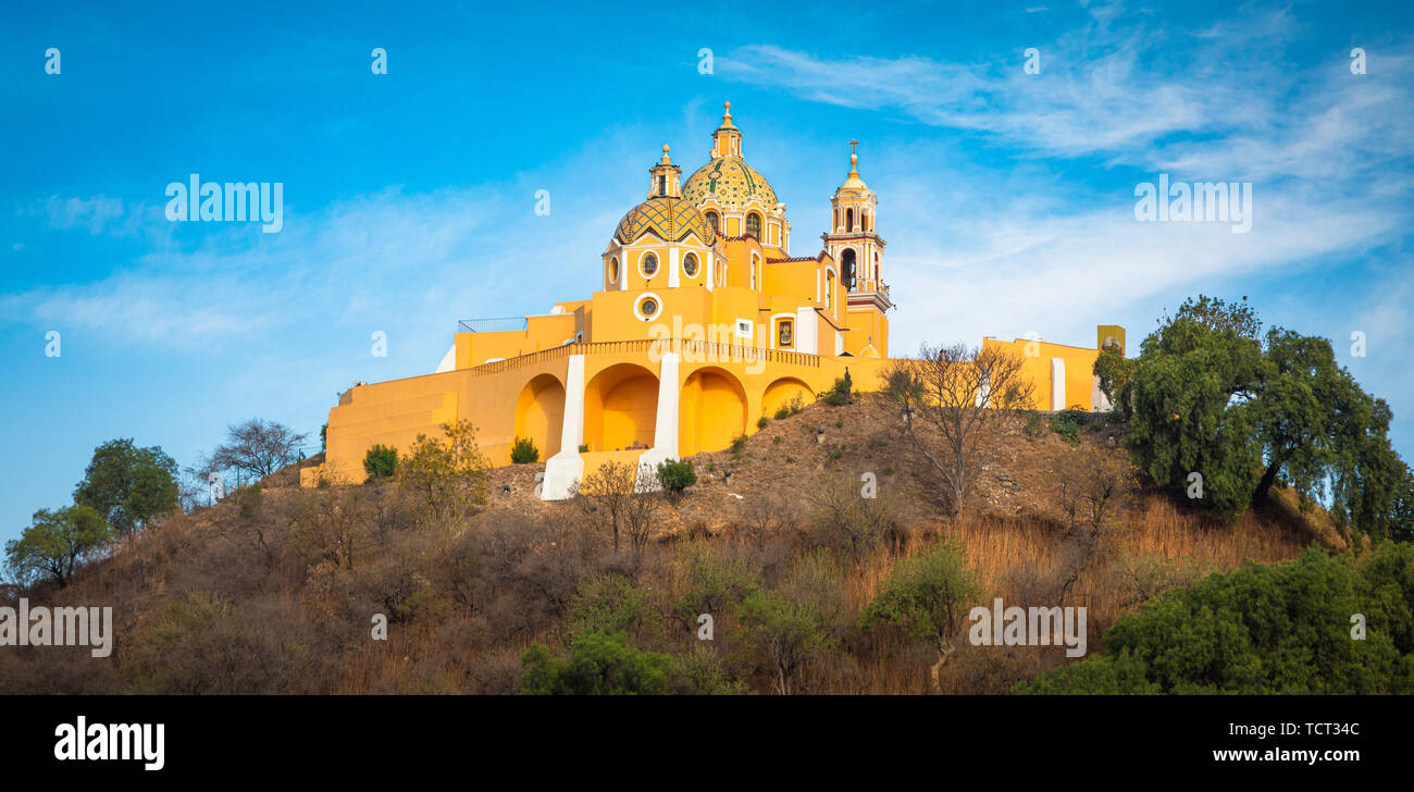 The Sanctuary of Our Lady of the Remedies is a Catholic temple located at the top of the Great Pyramid of Cholula, in San Pedro Cholula, Puebla. Stock Photo