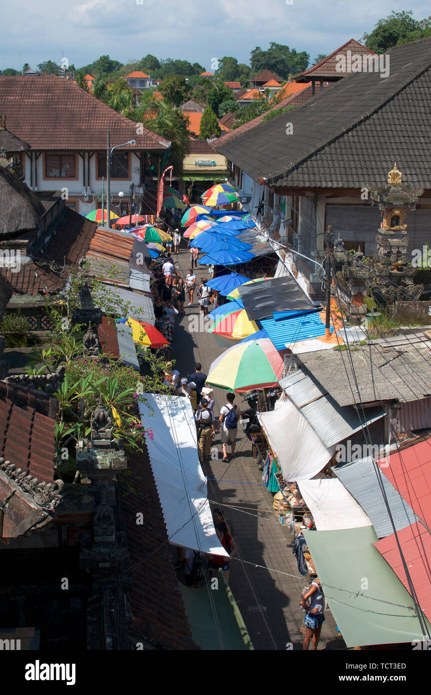 Ubud, Bali, Indonesia - 16th February 2019 : Aerial view over the street of Ubud Art Market in Ubud, Bali Stock Photo