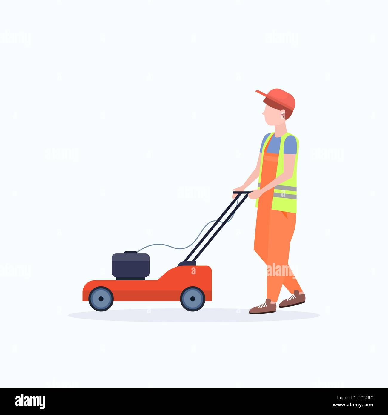 man gardener in uniform cutting grass with lawn mower gardening concept