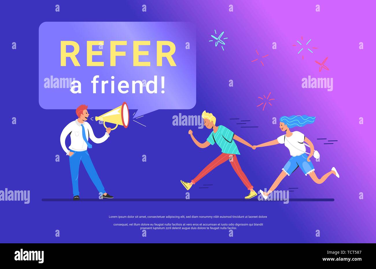 Happy Referring Refer a friend concept vector illustration of happy manager shouting on ...