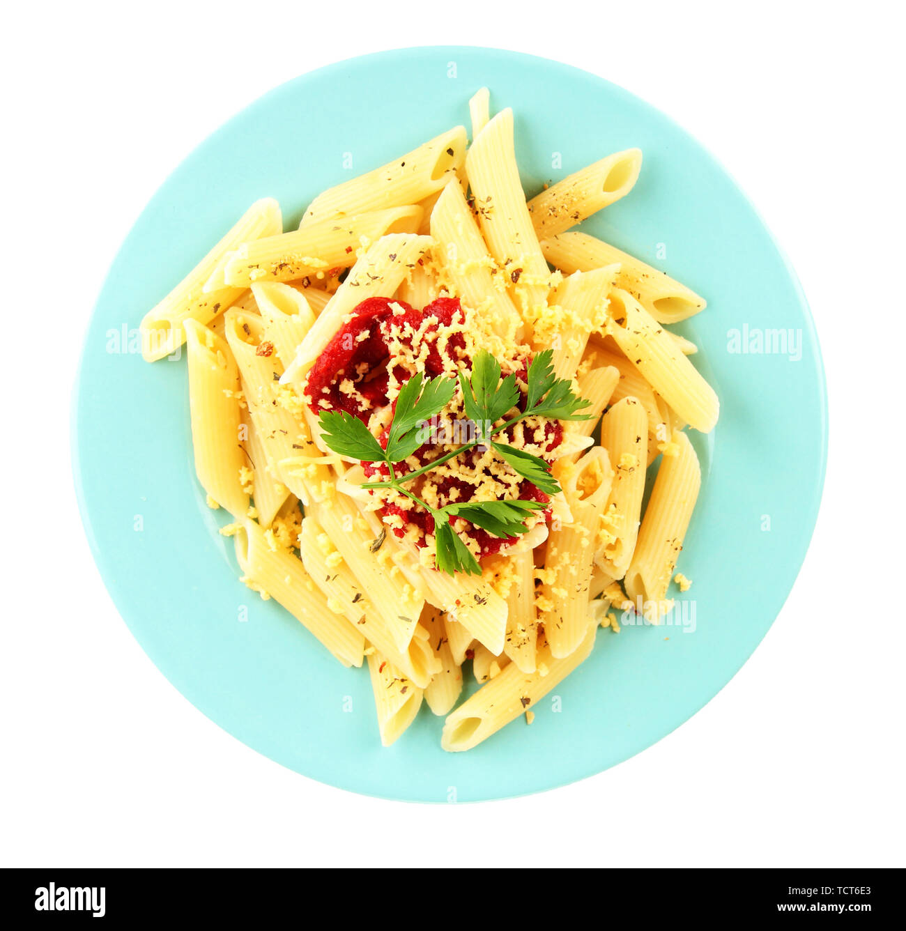 Rigatoni pasta dish with tomato sauce isolated on white Stock Photo