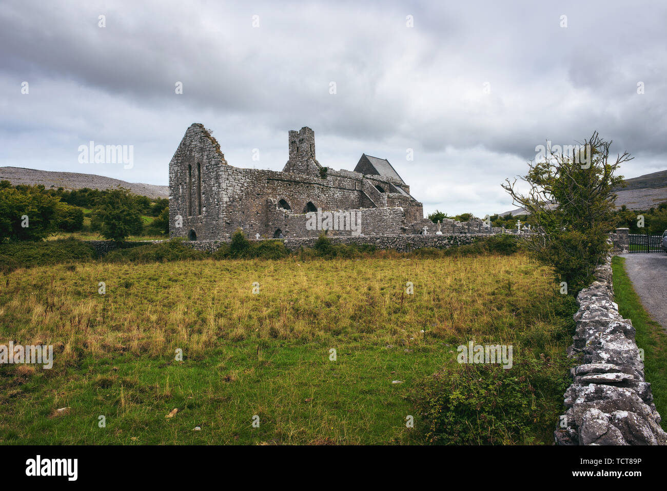 Corcomroe Abbey ruins and its cemetery in Ireland Stock Photo