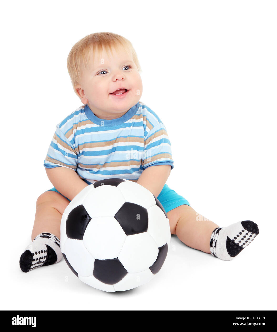 Little boy playing with soccerball, isolated on white Stock Photo Alamy