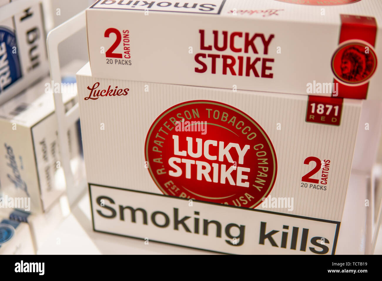 Geneva, Switzerland, March 10, 2019 Lucky Strike cigarettes on shelf for sale, Lucky Strike is British American Tobacco brand, SMOKING KILLS Stock Photo