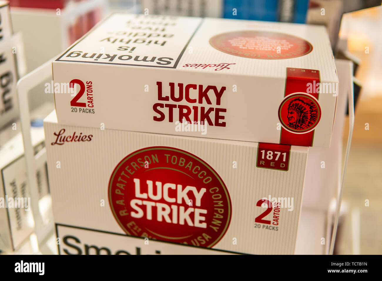 Geneva, Switzerland, March 10, 2019 Lucky Strike cigarettes on shelf for sale, Lucky Strike is British American Tobacco brand, SMOKING KILLS Stock Photo
