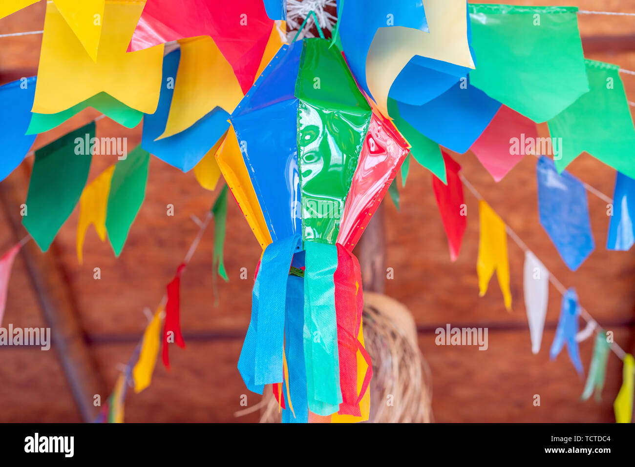 Festa Junina, Sao Joao, with Party small colorful Flags it happens in June, mostly in Northeast of Brazil. Stock Photo