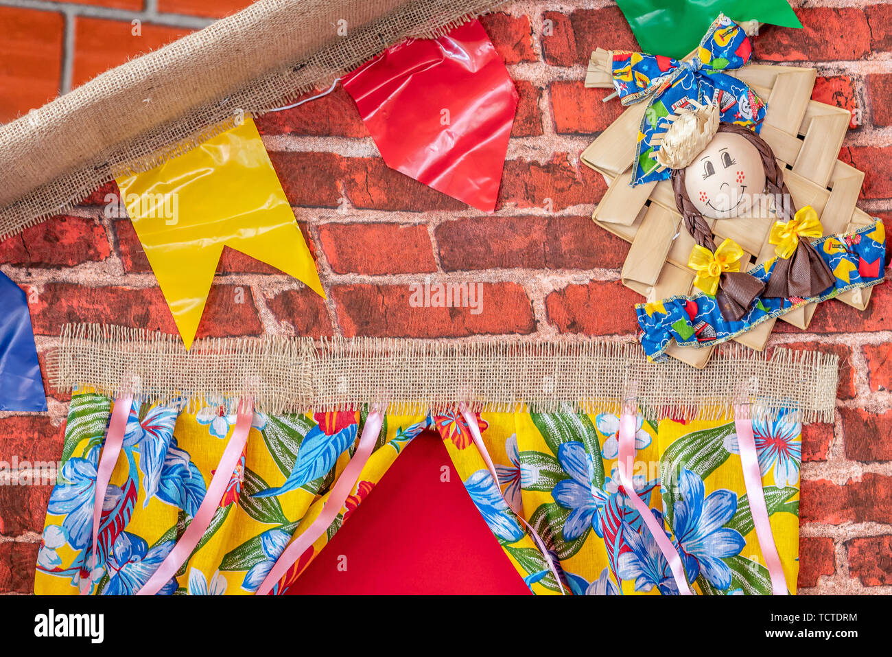 Festa Junina, Sao Joao, with Party small colorful Flags it happens in June, mostly in Northeast of Brazil. Stock Photo