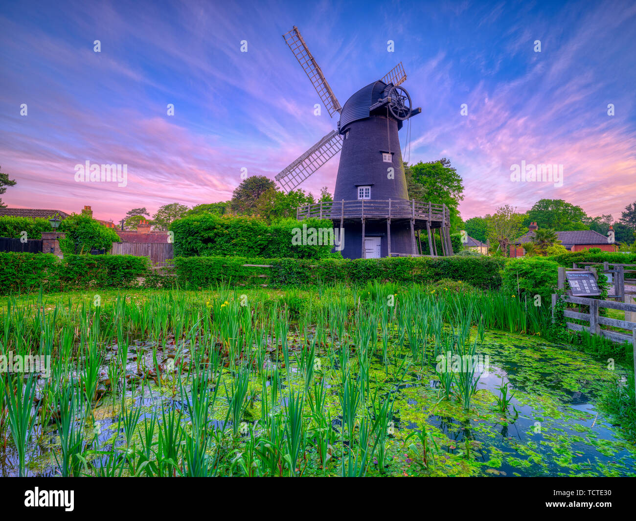 Bursledon, UK - May 16, 2019:  Summer sunrise over Bursledon Windmill near Southampton, Hampshire, UK Stock Photo