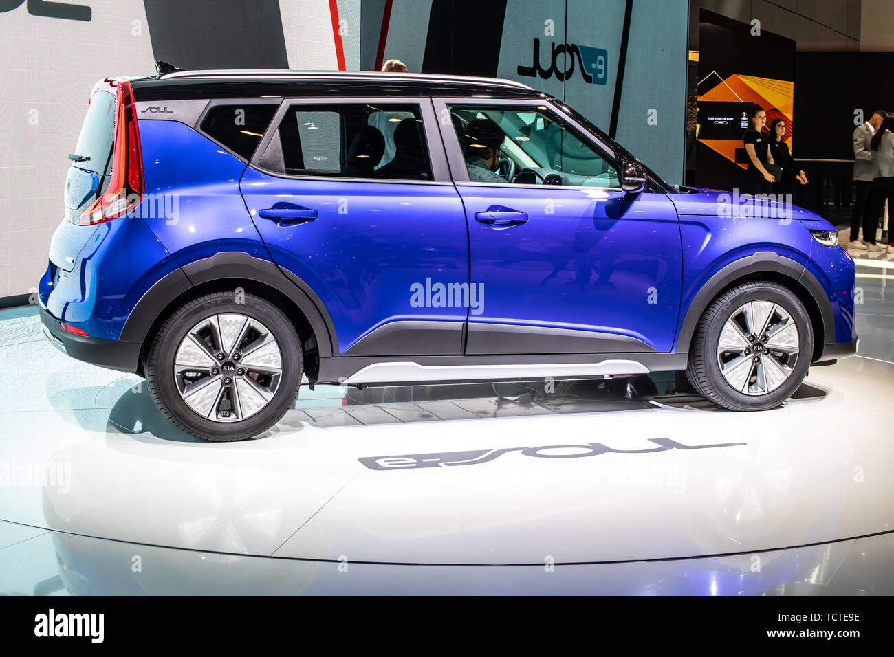 Geneva, Switzerland, March 05, 2019: metallic blue all-new Kia e-Soul EV at Geneva International Motor Show, Third generation, SK3, produced by Kia Stock Photo